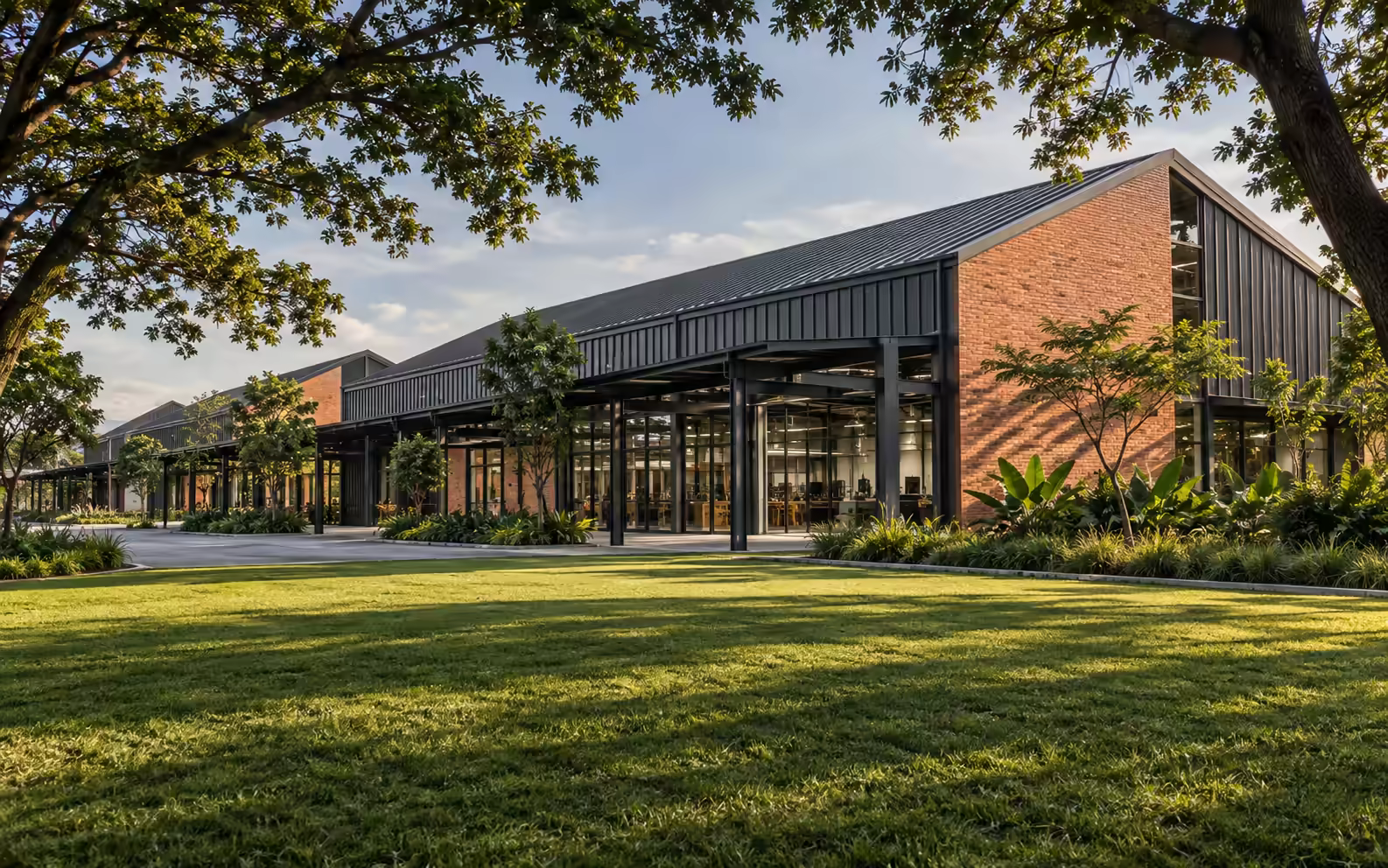 Illustrative industrial campus with metal roofing