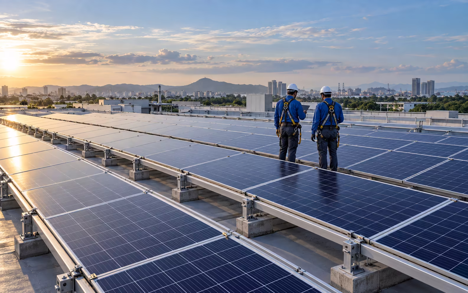 Illustrative solar technicians checking a rooftop PV array