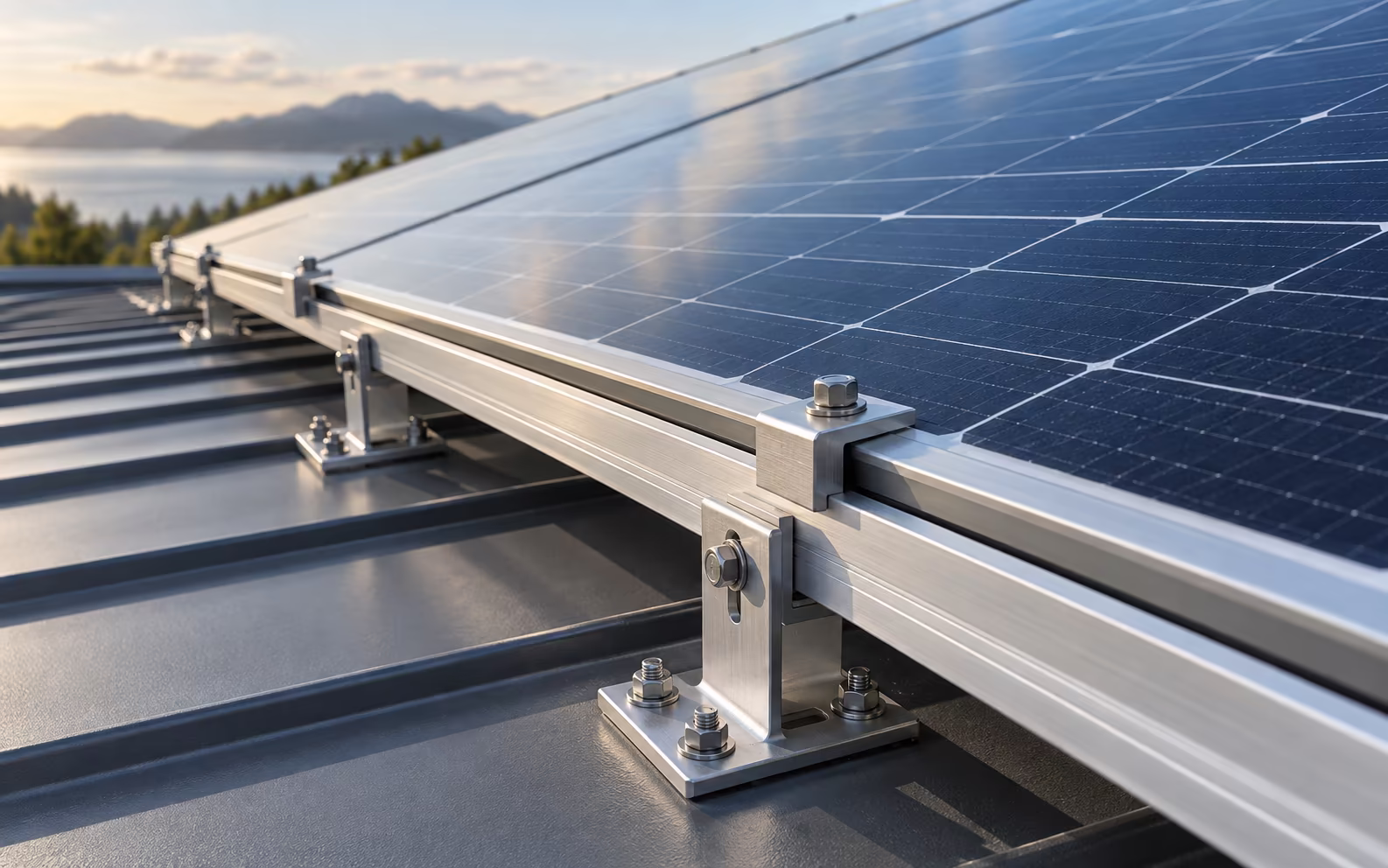 Illustrative close-up of solar mounting rails, clamps and brackets