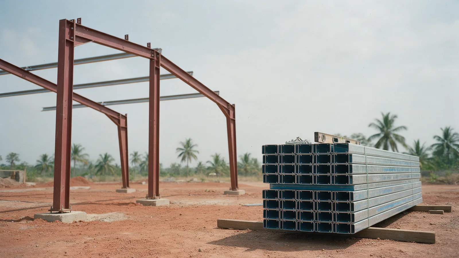 Illustrative building site with a red-primed hot-rolled steel portal frame on pad footings beside a stack of cold-formed light-gauge steel sections