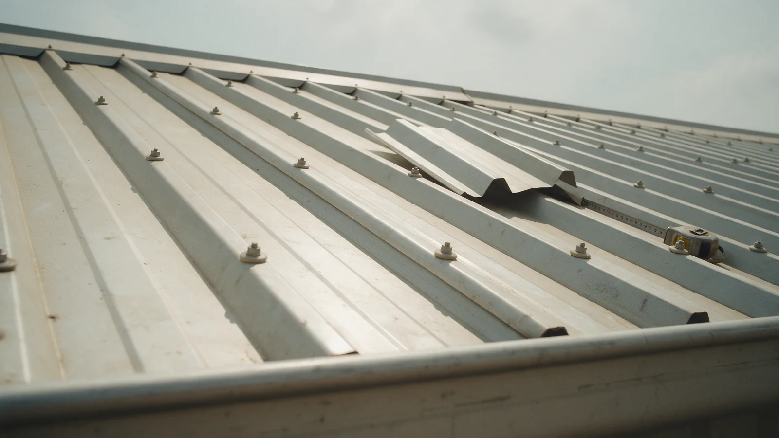 Illustrative close view along the ribs of a pale trapezoidal metal deck roof, with screws through the crests, a spare sheet of a different profile and a tape measure on the roof