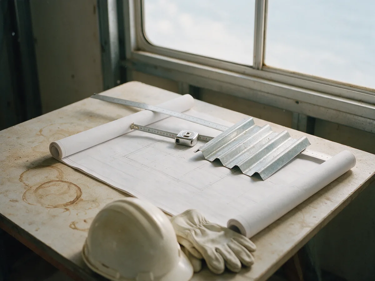 Illustrative site table with roof drawings, a tape measure and a metal deck sheet offcut