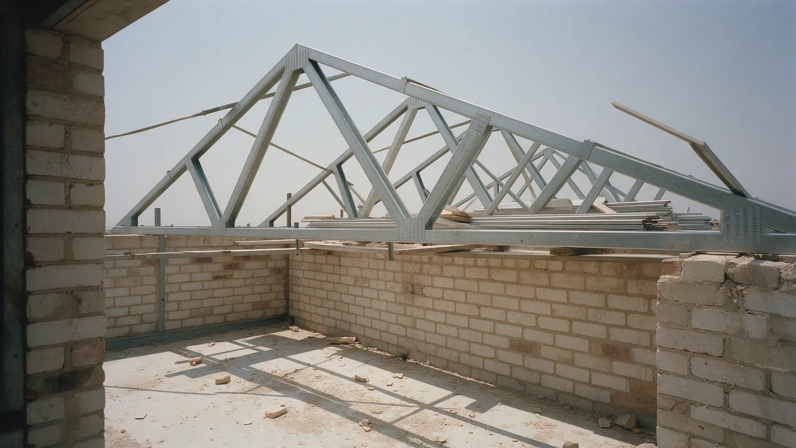 Illustrative galvanised light-gauge steel roof trusses sitting on the brick walls of an unfinished house, with roof battens stacked alongside