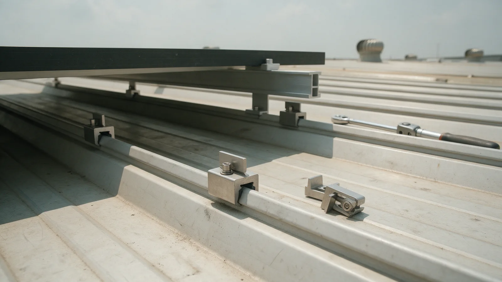 Illustrative aluminium solar mounting rails clamped to the raised seams of a standing-seam metal roof, with loose clamps and a torque wrench beside them